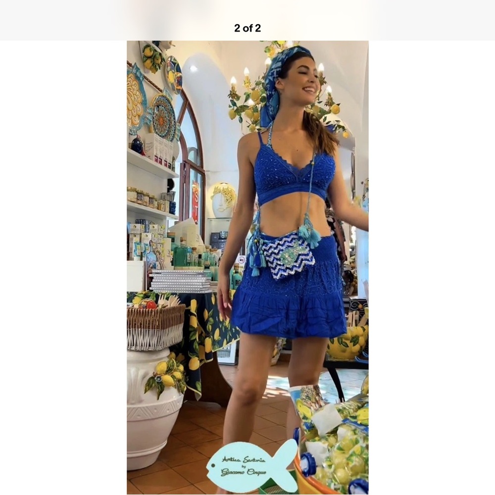 Antica Sartoria 2024 Cobalt Blue Beaded Skirt And Bra Top NWT O/S
